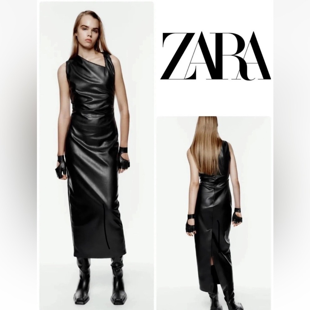 ZARA BLACK FAUX LEATHER MIDI DRESS SIZE S 9100/709 BNWT